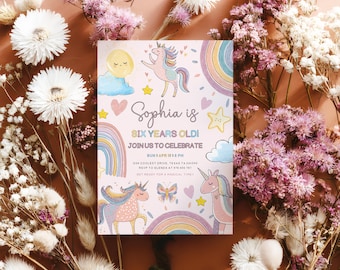 Invitación de cumpleaños de unicornio seis, Unicornios pastel, Cumpleaños mágico, Invitación de cumpleaños, fiesta de cumpleaños, un día mágico, invitación de unicornio.