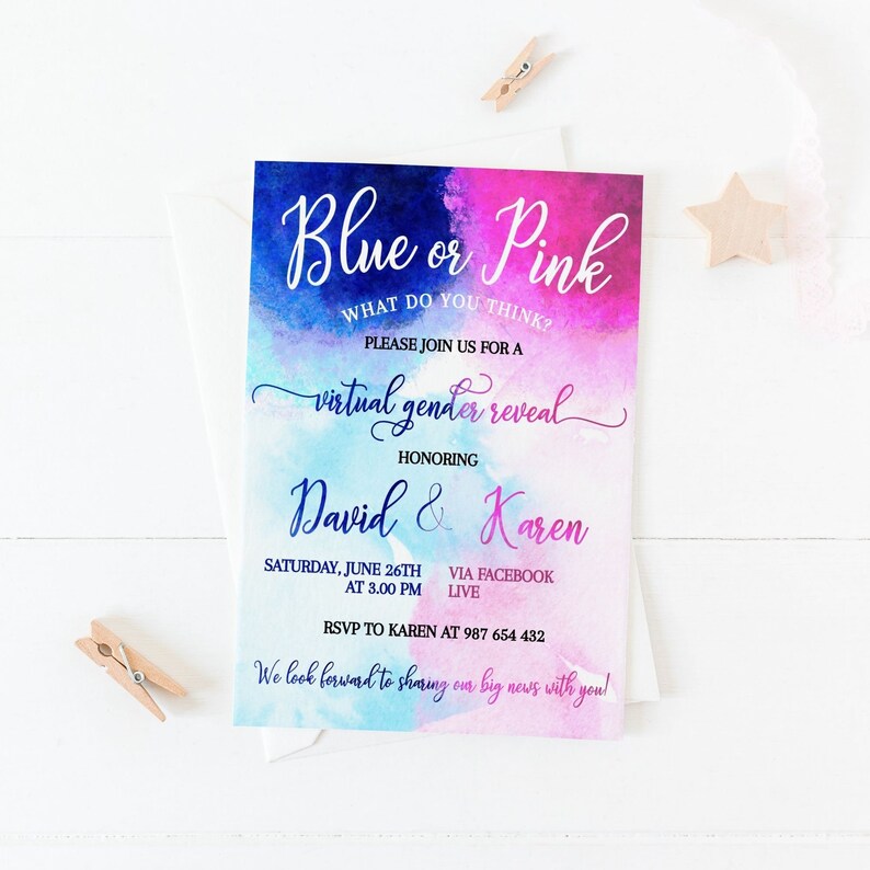 Virtual Editable Gender Reveal Invitation. Electronic Gender Reveal