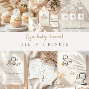 Gym baby shower invitations bundle, Baby Shower Invite, welcome sign, fitness theme games, canva template, cupcake toppers and more.