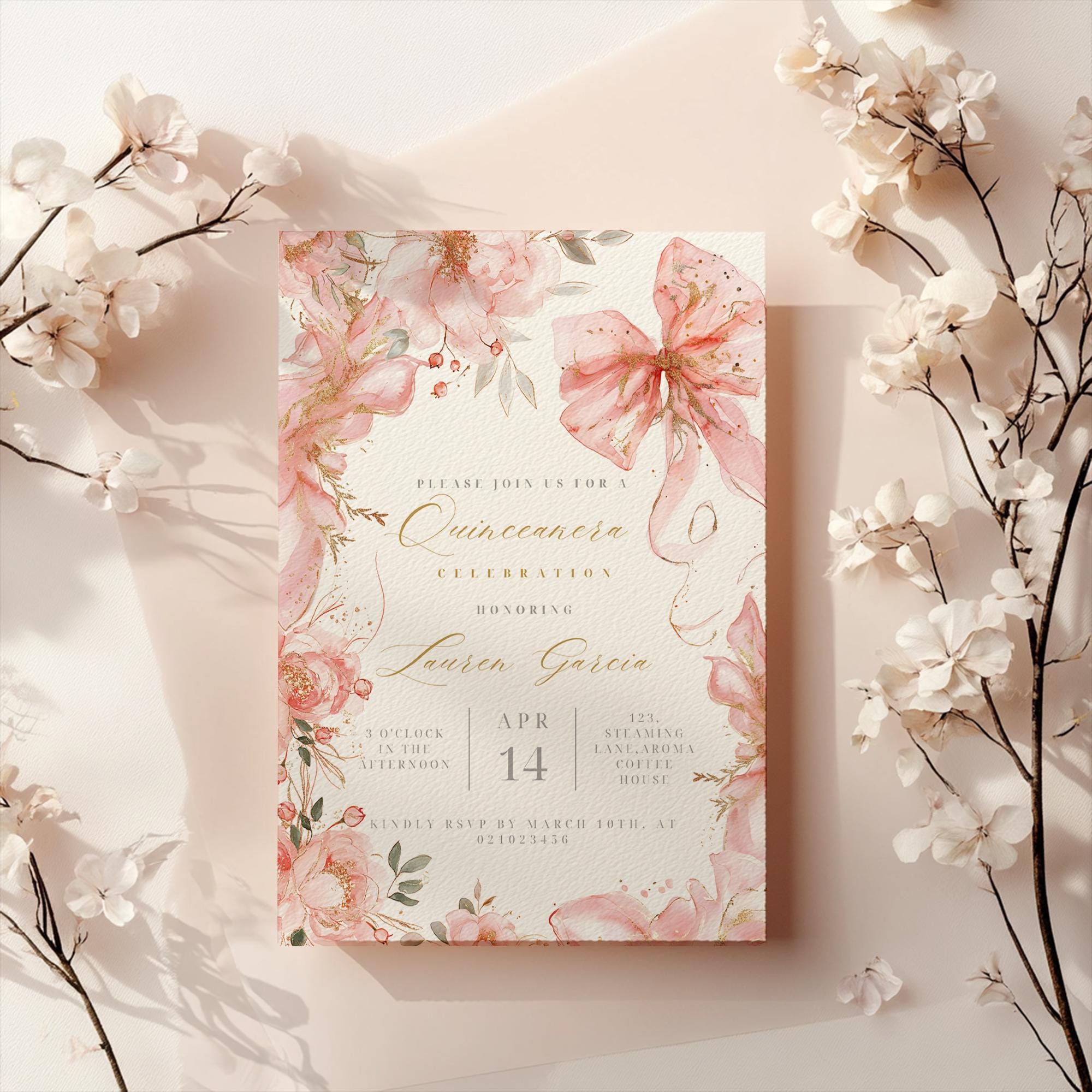 Quince Invitations Bow, pink coquette invite, girl 15th birthday, blush Gold Bow, Coquette Pink Gold, preppy invitation, Quinceanera invite,