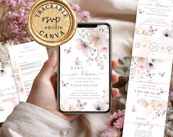 Baby In Bloom Invitation Baby Shower Digital Rsvp tracker - Floral baby shower butterfly video mobile phone invite.