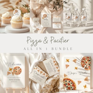 Pizza and pacifier baby shower invitation bundle, baby shower invite, slice slice baby, oh baby pizza games and so much more.