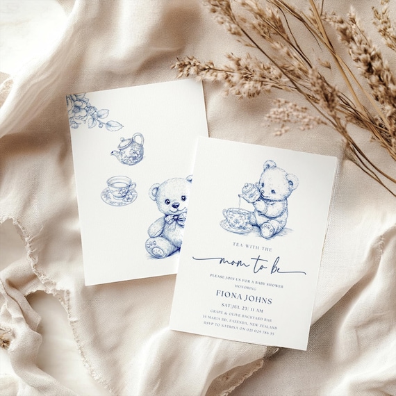 Tea with the mom to be digital baby shower Invitation and phone invite. Cute teddy bear in chinoiserie theme toile de Jouy Tea Party Shower.