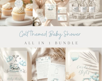 Golf baby shower invitation bundle, including games, welcome signs, cup cake toppers, waterbottle labels, custom signs and so much more.