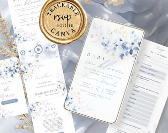 Baby In Bloom Invitation Baby Shower Digital Rsvp tracker - Wildflower invite with registry, blue floral invite animated video.