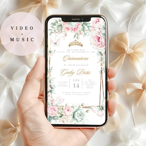 May include: A digital invitation for a Quinceañera, featuring a floral design with butterflies and a gold crown. The invitation reads "WR & MRS DIAZ INVITE YOU TO CELEBRATE THE QUINCEAÑERA OF THEIR DAUGHTER GABY DIAZ" and includes the date "APR 14" and the location "STEAMING LANGAROMA COFFEE HOUSE".
