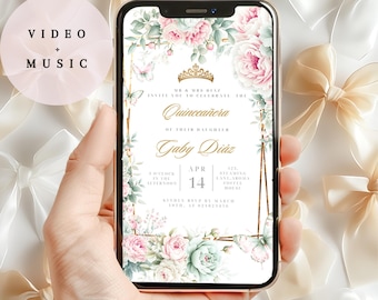 Sage and pink quince invites, Qr Code For Rsvp Quince, Downloadable Invitations Quince, floral quinceanera, girl 15th birthday, video music