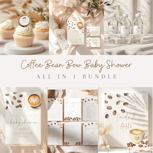 Minimalist coffee bean baby shower invitation bundle, Coffee bean baby welcome sign, coffee bean games and so much more.
