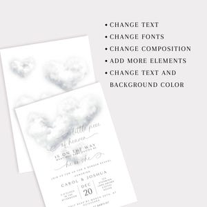 May include: Two white invitation cards with cloud-shaped designs. The text on the cards reads "a little piece of heaven" and "he or she", with details for a gender reveal party. The cards are for Carol & Joshua.