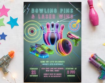 Neon Bowling Laser Tag Birthday Invitation Template Glow Kids Arcade Party Canva