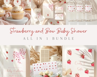 Strawberry Baby Shower Invitation Bundle, Pink Bow Theme (Canva Editable Template)