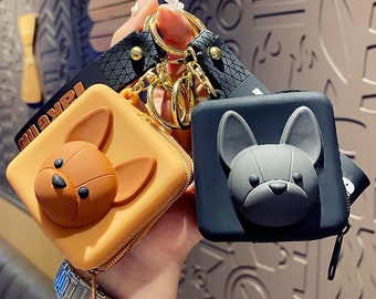 Französisch Bulldog Schlüsselanhänger mit kleiner Tasche PU Leder für Frauen & Männer Tasche Anhänger Schmuckstück verschiedene Farben