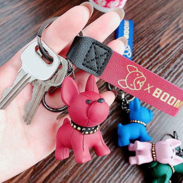 Punk French Bulldog Keychain PU Leather Cute Dog Keychains for Women Bag  Pendant Jewelry Trinket Men Car Key Ring Key Chain