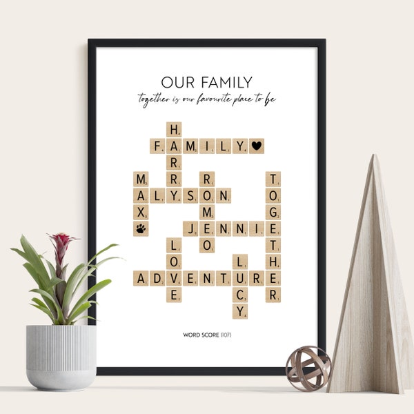 Scrabble Family Print - Personalised Print with Custom Names - Unique Gift Idea for Her - Family Tree - Best Friend Gift - Scrabble Wall Art