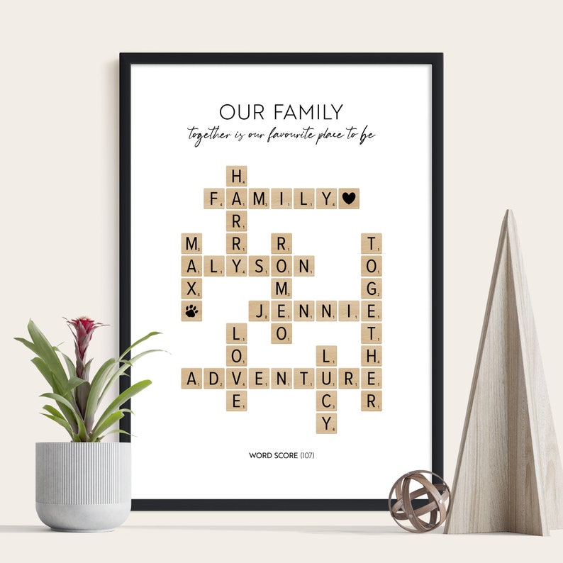 Scrabble Family Print Personalised Print with Custom Names Unique Gift Idea for Her Family Tree Best Friend Gift Scrabble Wall Art image 1
