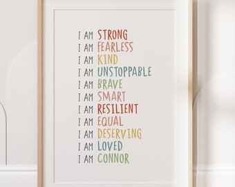 I Am Daily Affirmations Print, Nursery Decor, Personalised Name Nursery Print, Customised, Playroom Decor, Wall Art, Kids Bedroom, A4