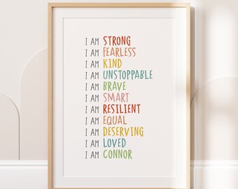 I Am Daily Affirmations Print, Nursery Wall Art, Personalised Name Print, Kids Bedroom Print, Self Love Word Art, Playroom Decor