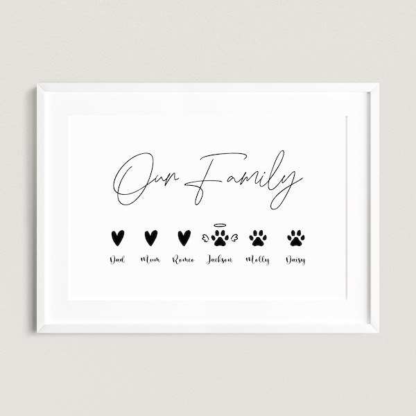 Personalised Family Print, Gift for Her, Names and Dog/Cat/Animal Paws, Birthday Gift, Custom Our Family Sign, New Home Gift, Wall Art