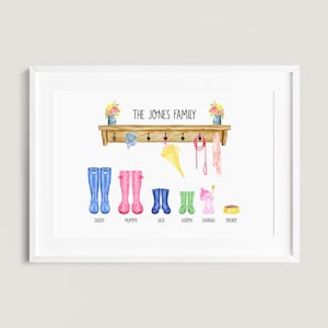 Personalised Family Welly Boot Print, New Home Gift, Family Name Print, Customised Print, Birthday Gift, Wall Decor, Gift for Mum
