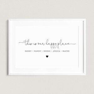 Personalised Family Print, This Is Our Happy Place, Gift for Mum, Black & White, New Home Gift, Customised Poster, Quote Print, Minimalist