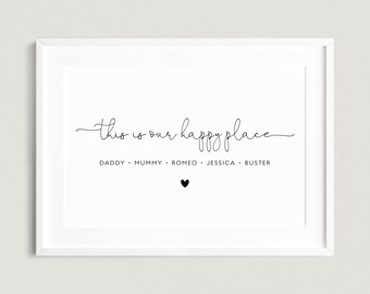 Personalised Family Print, This Is Our Happy Place, Gift for Mum, Black & White, New Home Gift, Customised Poster, Quote Print, Minimalist