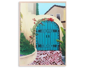 Blue Door Art Print, Gicleé Art Print, Landscape City street Artwork, Painting, Retro Abstract Art Print, Colorful Aesthetic Home Decor