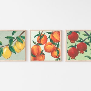 May include: A set of three square framed wall art prints. The first print shows yellow lemons on a branch with green leaves. The second print features orange peaches on a branch. The third print displays red pomegranates on a branch with green leaves.