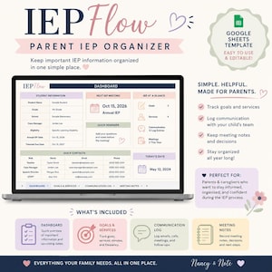 Puede incluir: Una plantilla digital de organizador IEP Flow para padres en Google Sheets mostrada en una pantalla de portátil. La interfaz incluye un panel con información del estudiante, fechas de reuniones, objetivos, servicios, registros y contactos.