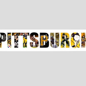 May include: A white rectangular sticker with the word "PITTSBURGH" in black letters. The letters are made up of images of Pittsburgh Steelers football players in their black and gold uniforms.