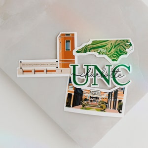 May include: A set of four stickers featuring the University of North Carolina at Charlotte. The stickers include a green and white marbleized outline of North Carolina, a green and white "UNC Charlotte" logo, a building with a clock tower, and a photo of a building with a courtyard.