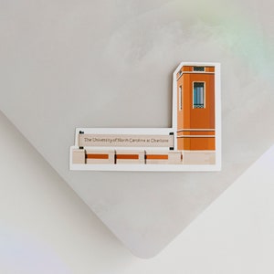 May include: A sticker featuring a cartoon illustration of a building with a tower and the text "The University of North Carolina at Charlotte".