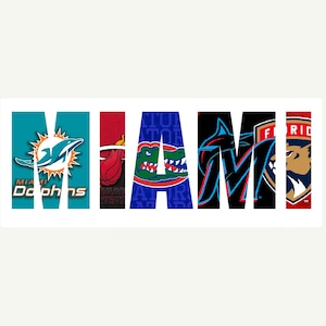 May include: A graphic design of the word "MIAMI" with the logos of the Miami Dolphins, Miami Heat, Florida Gators, Florida Panthers, and Florida  Panthers.