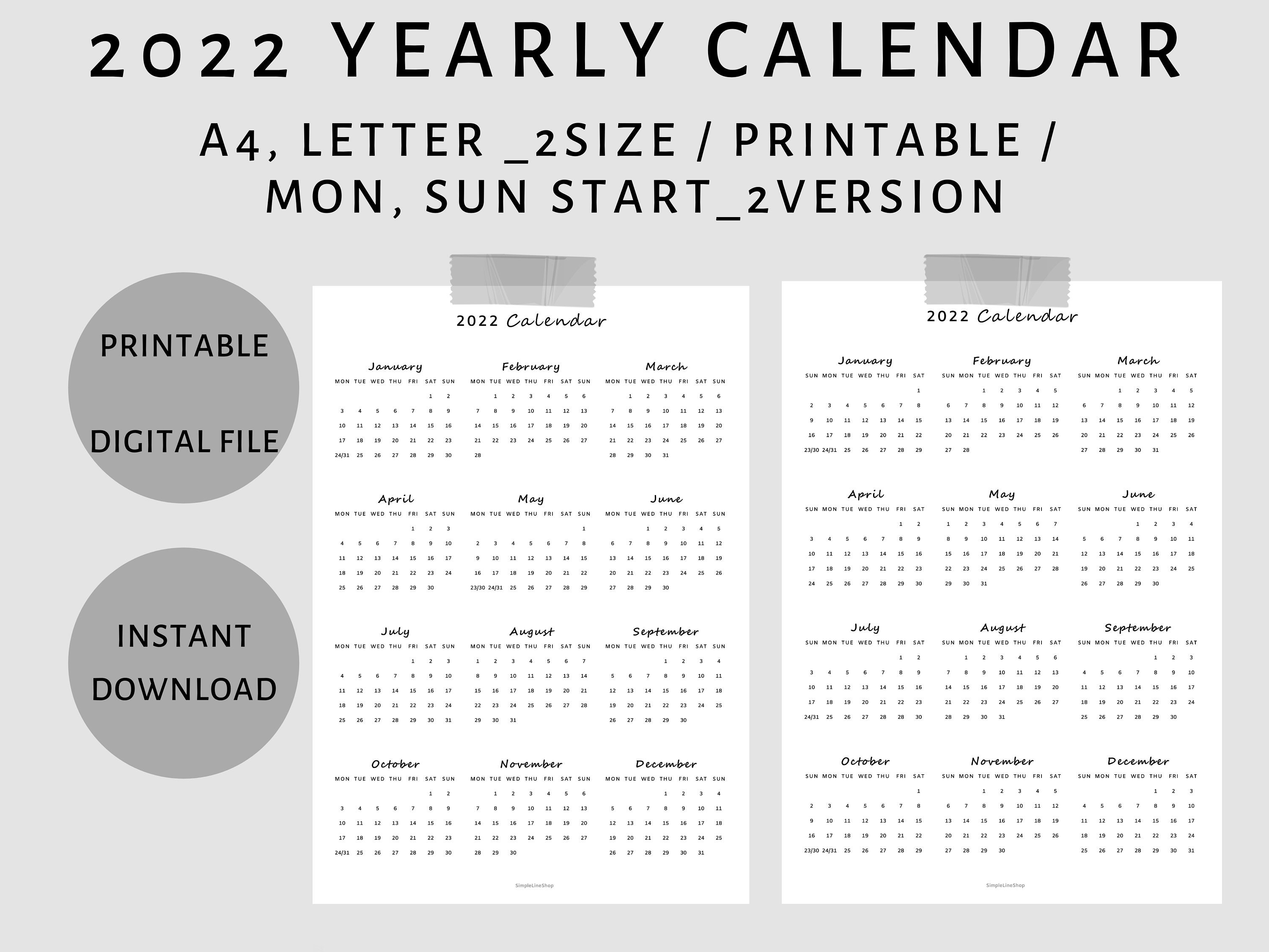  2022  Yearly Planner 2022  Calendar Printable One Page 