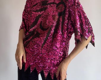 Top in seta con paillettes vintage anni '80: camicetta a pipistrello con perline fatte a mano