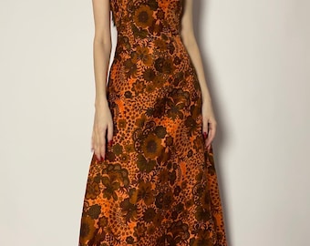 Vintage maxi-jurk met bloemenprint uit de jaren 70: met zijde gevoerd, extra klein