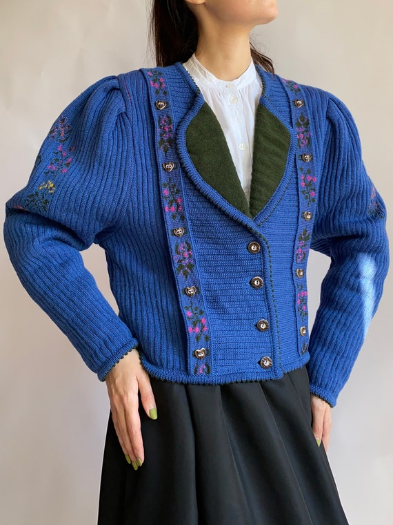 Vintage Austrian Wool Cardigan in Blue Color/ 1980s/ Bavarian