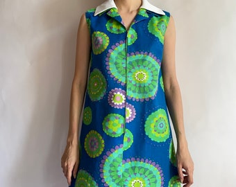 Vintage psychedelic mini dress/1960s/ 60s/ 1970s/ zip closure/ extra small