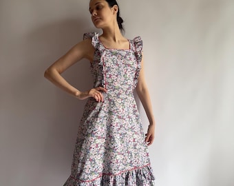 Vestido veraniego de algodón con estampado floral de los años 70: vestido vintage cottagecore con volantes, talla pequeña