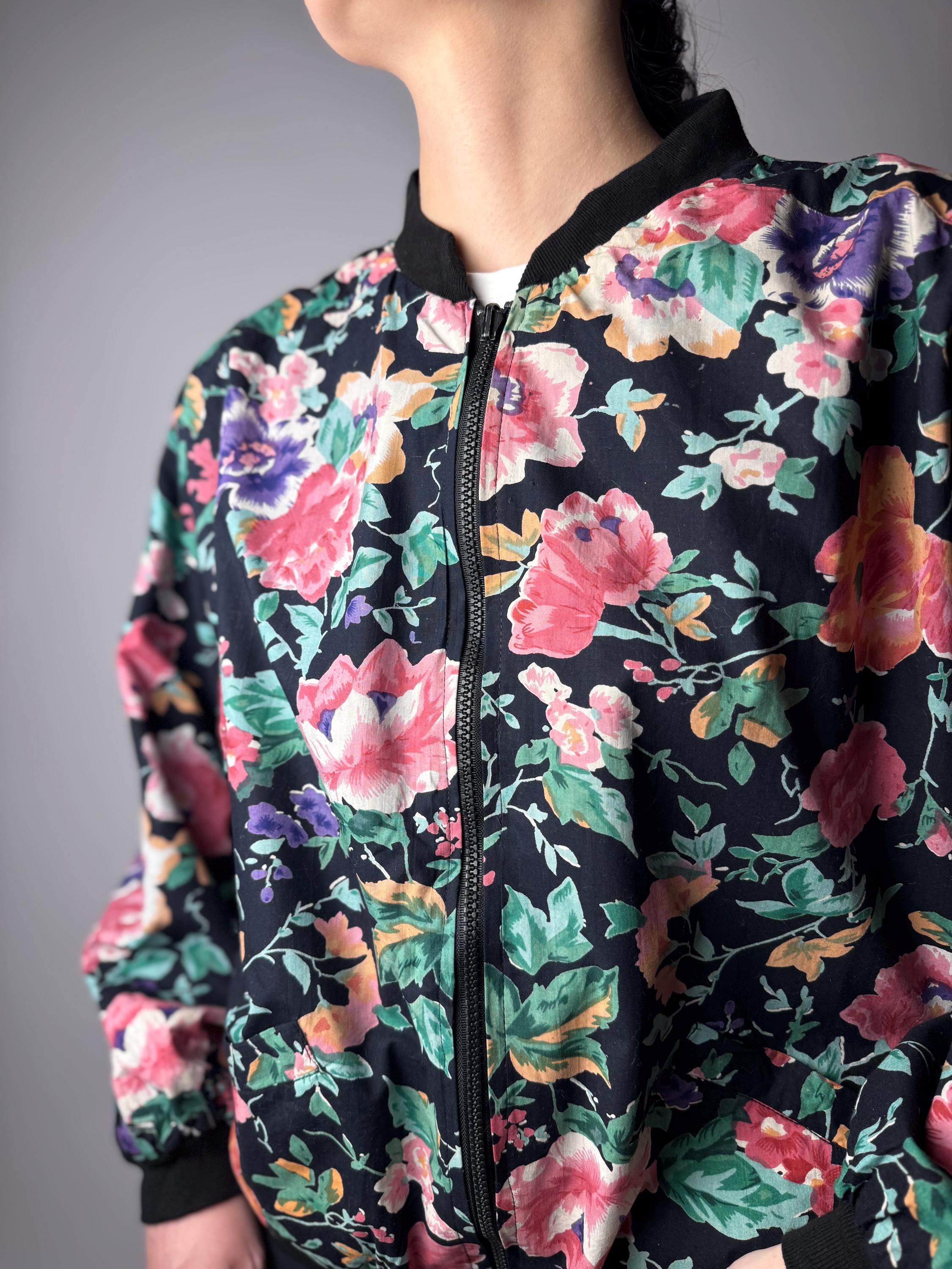 Vintage 1980s Floral Bomber Jacket/ Oversized Lightweight Spring