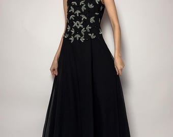 Vintage black evening dress with beaded embellishments/ 1990s/ small size