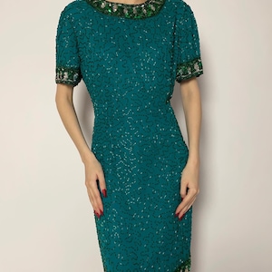 Vintage 80s Beaded Sequin Silk Dress - Green Party Mini