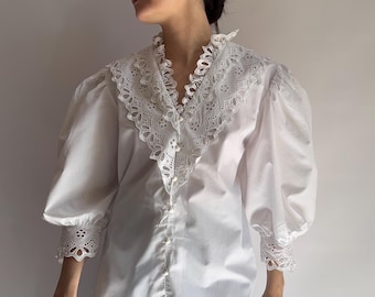 Vintage white puff sleeve blouse/ Austrian blouse/ 1980s/ romantic ruffled victorian style shirt/ UK16 medium large