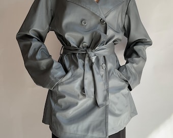 imperméable vintage collection femme couleur acier/ manteau croisé/ années 1990/ taille moyenne