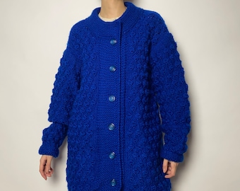 Vintage wool cardigan in electric blue/ handmade/ medium size