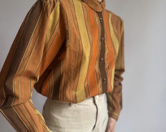 Vintage gestreepte katoenen blouse uit de jaren 80 / secretaresseshirt met pofmouwen / Peter Pan-kraagblouse / klein formaat