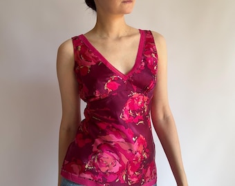 Vintage Silk Rose Print Top, Pink Sequin Y2K Belle by Oasis, XS