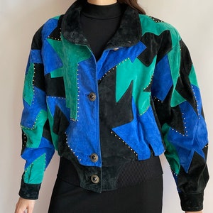 Rare vintage patchwork leather bomber jacket with studs/ 1980s/ UK 14 size