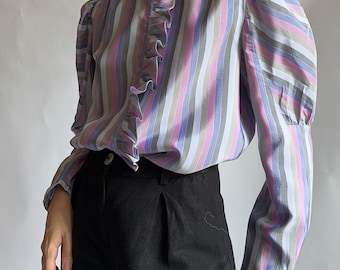 1980s plaid blouse in striped print in pastel colors/ small size