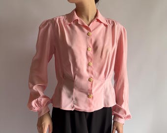 1940s pink viscose blouse with floral buttons/ vintage blouse/ feminine tailored vintage shirt/ medium