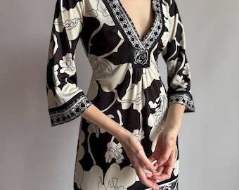 Vintage Hale Bob zijden jersey jurk/ Y2K zwart-witte mini-jurk met bloemen en bohoprint/ XS-maat